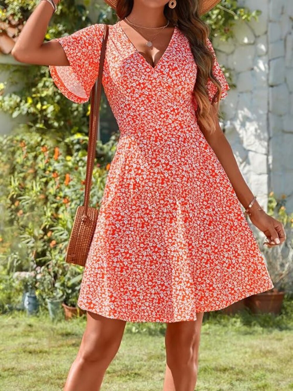 Fensace | Red floral swing sundress with flutter sleeves and deep v-neck